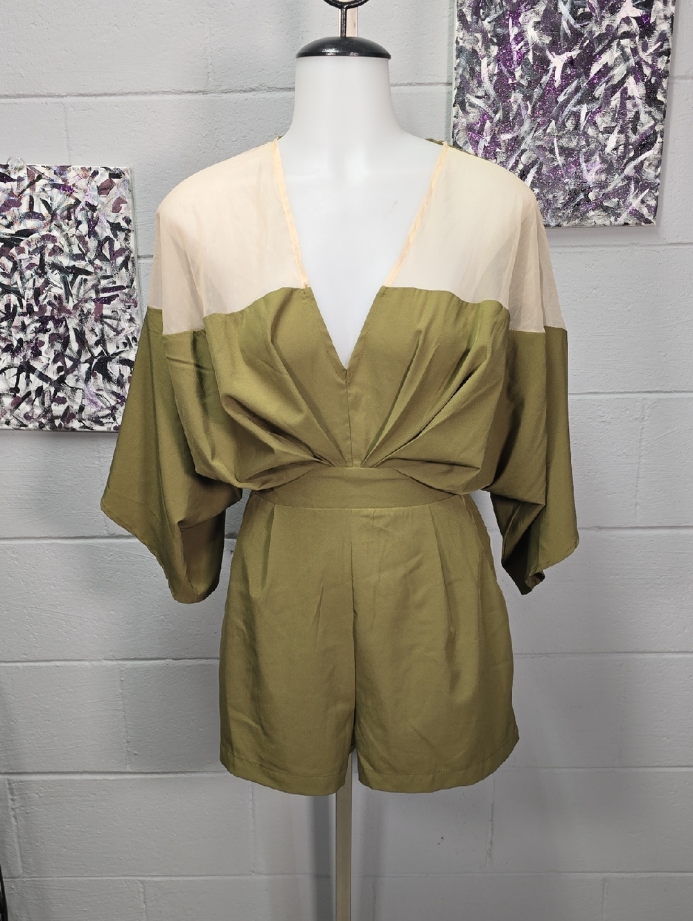 Fashion Nova Olive & Cream V-Neck Short Romper
